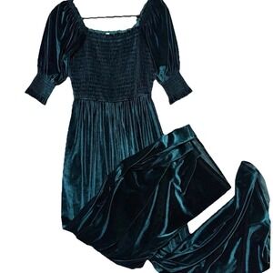 Womens Jumpsuit Velvet Green Wide Leg Puff Sleeve Cottagecore Boho Smocked Small